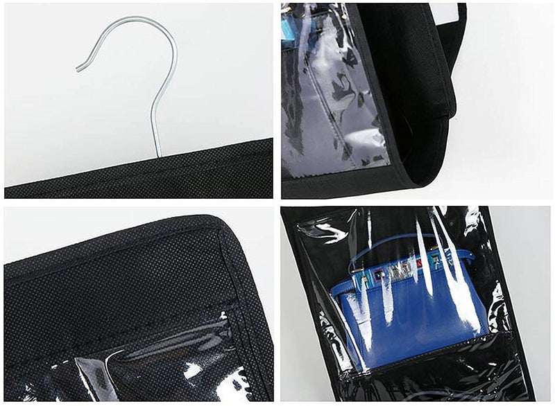Grofly Hanging Handbag Purse Organizer Bags Dustproof Storage Bags Holder for Closet Wardrobe Door Space Saving Organizer System with 6 Large Clear Black - Image 2
