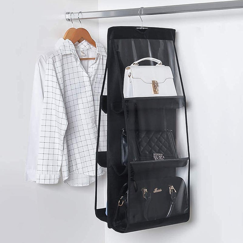 Grofly Hanging Handbag Purse Organizer Bags Dustproof Storage Bags Holder for Closet Wardrobe Door Space Saving Organizer System with 6 Large Clear Black - Image 3