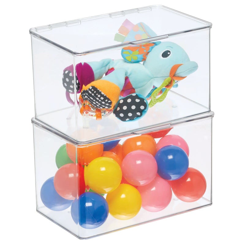 mDesign Set of 2 Storage Boxes with Lids â€“ Stackable Plastic Storage Boxes for Nursery â€“ Practical Plastic Toy Box Set â€“ Clear - Image 1