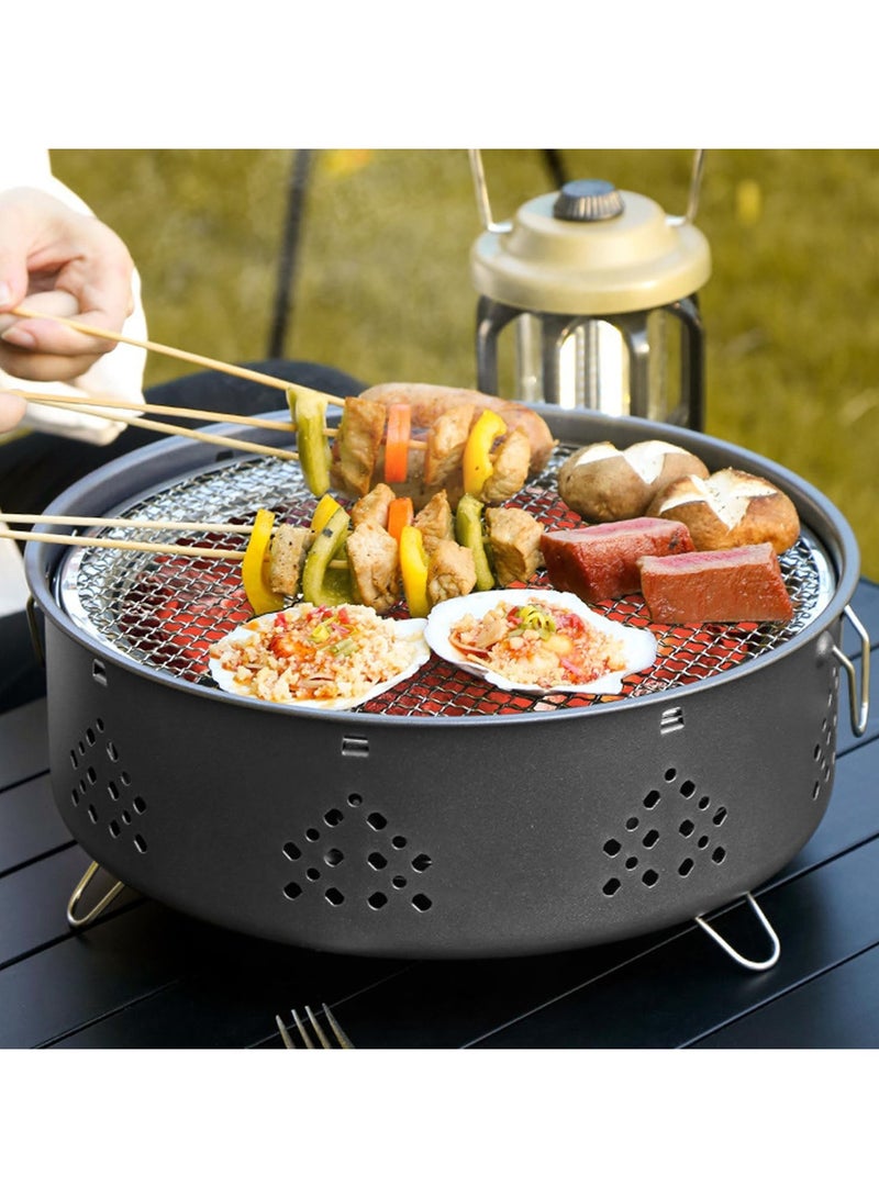 شواية شواء، شواية فحم محمولة للتخييم، موقد شواء صغير/مصغر دائري من الفولاذ المقاوم للصدأ مع أرجل قابلة للطي وحقيبة حمل للطهي في الهواء الطلق والنزهات والمشي لمسافات طويلة وصيد الأسماك والحفلات - Image 5