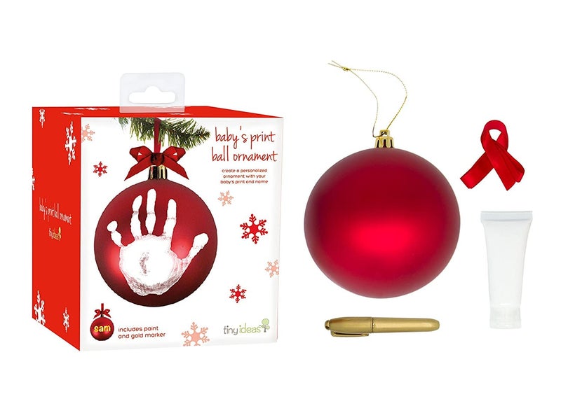 Tiny Ideas Christmas Baby's Handprint Ball Ornament  Included Paint for Baby's Print  Newborrn Holiday Keepsake Gift  DIY Classic Christmas Tree Ornament  Red - Image 2