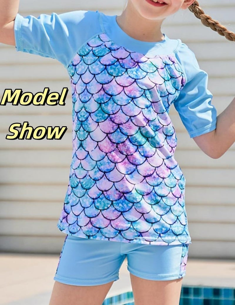 Lovekider Girl Two Piece Rash Guard Swimsuit Set Size 4-5 Short Sleeve Boyshort Rashguard Bathing Suit UV Front Liner Tankini Swimwear Mermaid Scales - Image 2