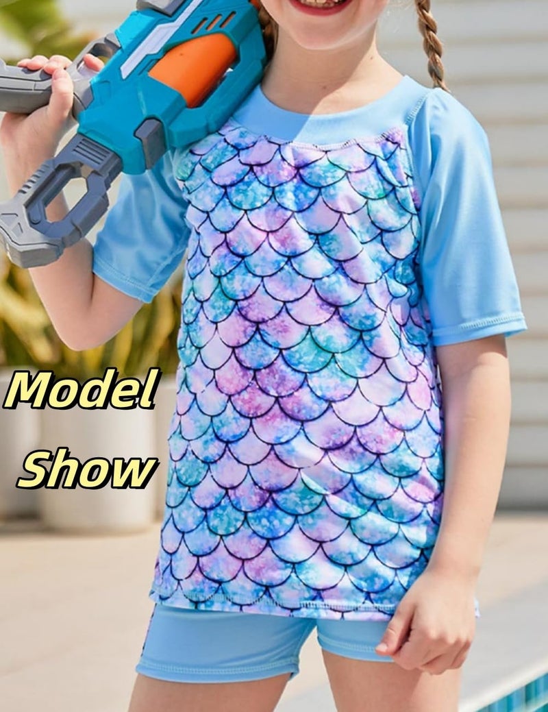 Lovekider Girl Two Piece Rash Guard Swimsuit Set Size 4-5 Short Sleeve Boyshort Rashguard Bathing Suit UV Front Liner Tankini Swimwear Mermaid Scales - Image 3