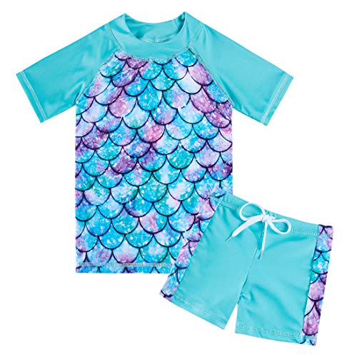 Lovekider Girl Two Piece Rash Guard Swimsuit Set Size 4-5 Short Sleeve Boyshort Rashguard Bathing Suit UV Front Liner Tankini Swimwear Mermaid Scales - Image 1