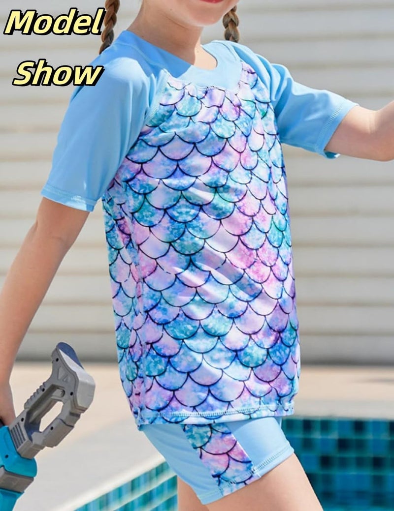Lovekider Girl Two Piece Rash Guard Swimsuit Set Size 4-5 Short Sleeve Boyshort Rashguard Bathing Suit UV Front Liner Tankini Swimwear Mermaid Scales - Image 4