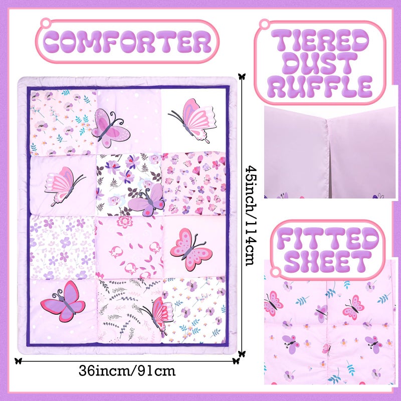 Tudomro 3 Pieces Butterfly Nursery Crib Bedding Set for Girls, Standard Size Bedding Sets with Comforter Fitted Sheet Crib Skirt(Purple) - Image 2