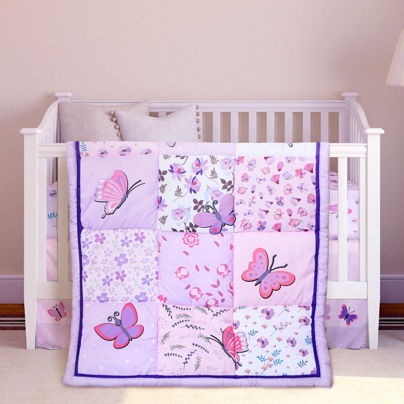 Tudomro 3 Pieces Butterfly Nursery Crib Bedding Set for Girls, Standard Size Bedding Sets with Comforter Fitted Sheet Crib Skirt(Purple) - Image 1