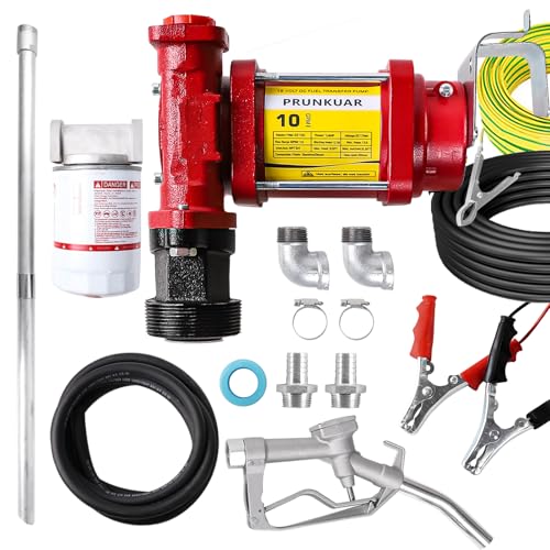 PRUNkuar 12V Fuel Transfer Pump wManual Nozzle 10 GPM High Flow DC Diesel Transfer Pump Gas Heavy Duty Transfer Pump with Filter for Gasoline Diesel Kerosene Biodiesel and More