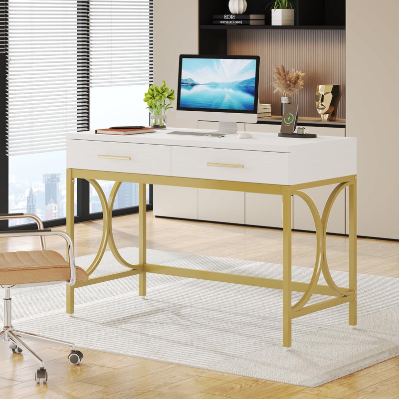 Tribesigns Modern Computer Desk with 2 Drawers 41 Inches Study Writing Office Desk for Home Office Bedroom Makeup Vanity Table Desk with Gold Metal Frame White  Gold