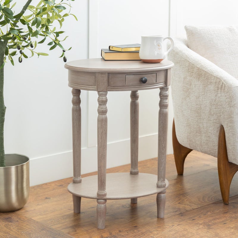 Deco 79 Wood Side End Accent Table Whitewashed Oval 1 Drawer and 1 Shelf End Table with Turned Legs, Side Table 20" x 15" x 27", Light Brown - Image 3