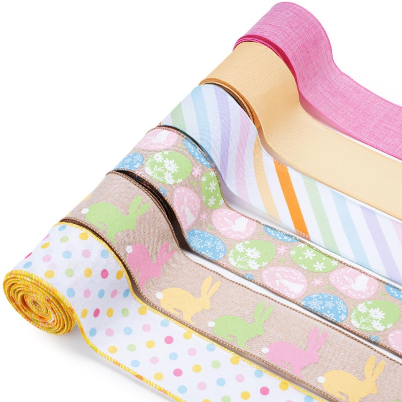 LaRibbons Easter Ribbon Wired 6 Rolls 2.5 Inch x 36 Yards TTL, Eggs and Bunny Easter Ribbons for Baskets, Striped and Polka Dot Wide Ribbons for Crafts Spring Wreath Gift Wrapping Bow Decoration - Image 1