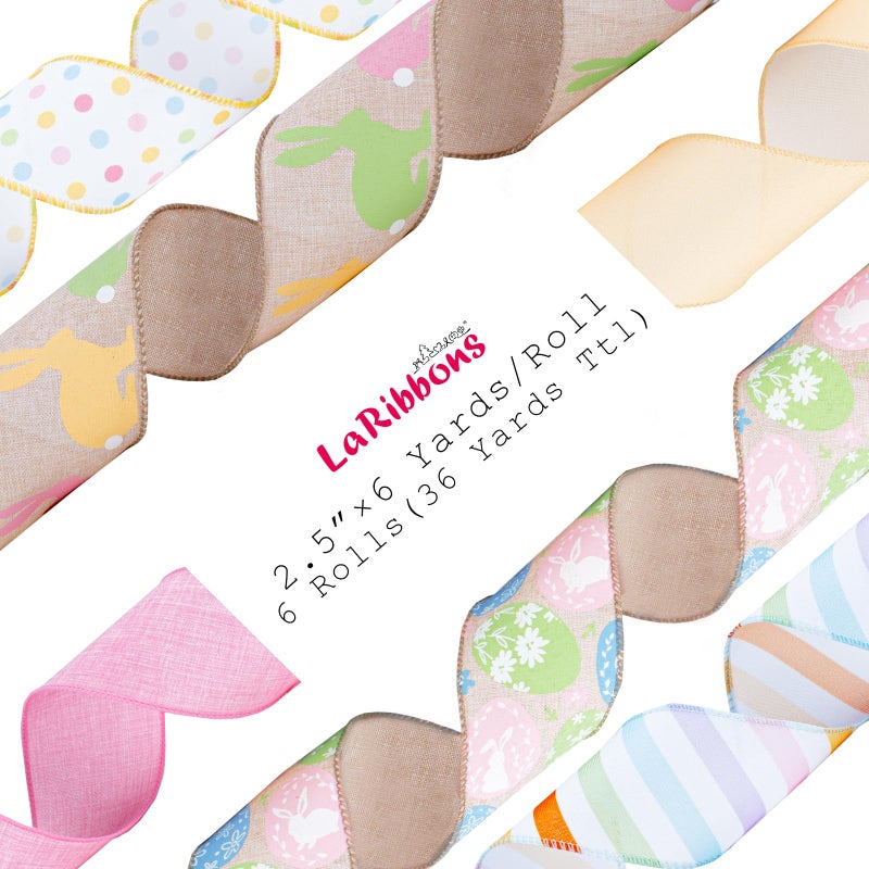 LaRibbons Easter Ribbon Wired 6 Rolls 2.5 Inch x 36 Yards TTL, Eggs and Bunny Easter Ribbons for Baskets, Striped and Polka Dot Wide Ribbons for Crafts Spring Wreath Gift Wrapping Bow Decoration - Image 5