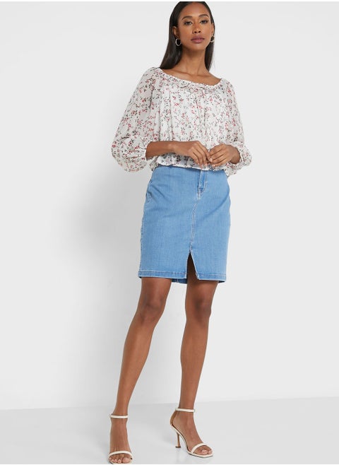 Button Detail High Waist Denim Skirt
