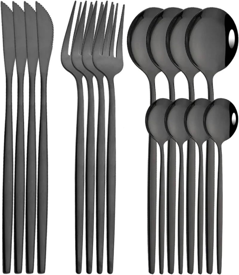 16Pcs Blue Silver Dinnerware Stainless Steel Cutlery Set Knife Fork Tea Spoon Dinner Flatware Kitchen Silverware Tableware(Black) - Image 1