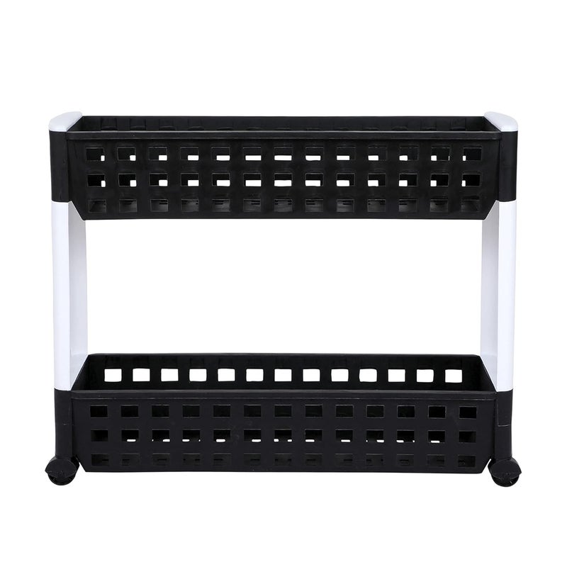 Birdwing NAVRANG Multipurpose Plastic Storage Organizer Slim Rack Shelf with Wheels | Slim Slide Out Kitchen Trolley Rack Holder Storage Organizer for Kitchen (Black & White- 2 Layer) - Image 2