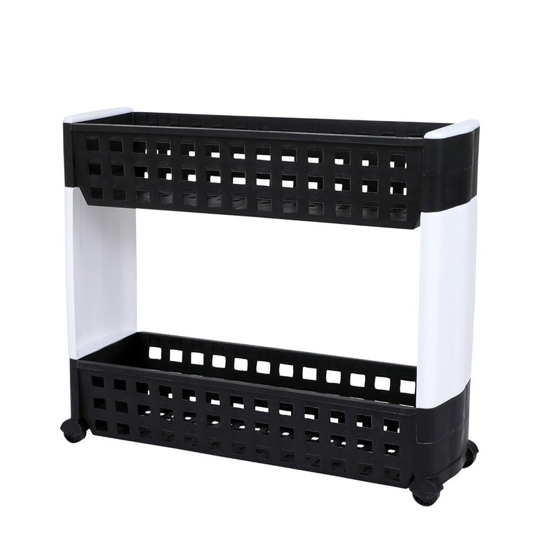 Birdwing NAVRANG Multipurpose Plastic Storage Organizer Slim Rack Shelf with Wheels | Slim Slide Out Kitchen Trolley Rack Holder Storage Organizer for Kitchen (Black & White- 2 Layer) - Image 1