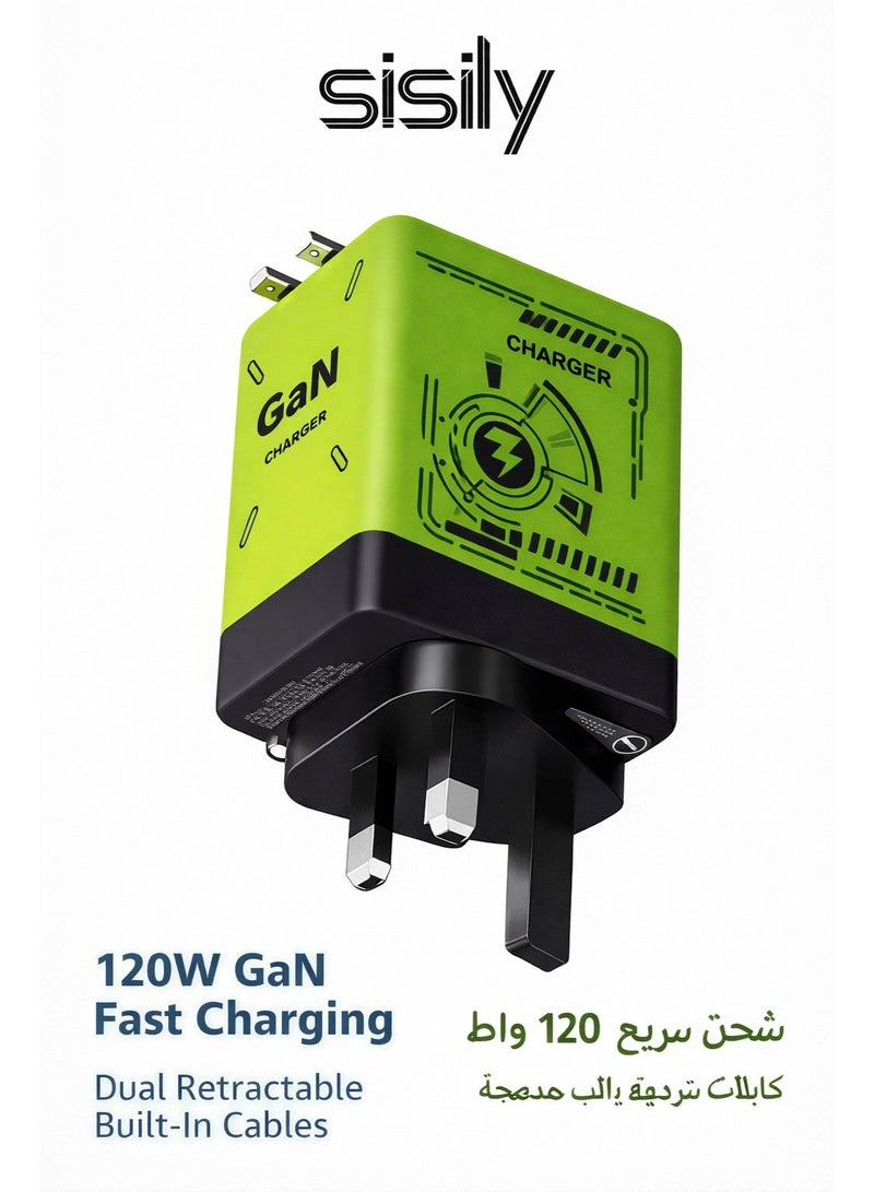 سيسلي شاحن GaN سريع 120 واط قابس بريطاني شاحن جداري PD PPS مع كابلين مدمجين قابلين للسحب شاحن USB C سريع للابتوب وماك بوك وآيفون وسامسونج - Image 1