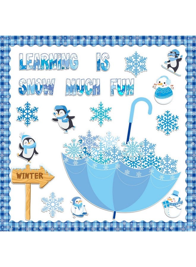 تاوباري مجموعة لوحة إعلانات ندفة الثلج الشتوية المكونة من 83 قطعة، قصاصات مظلة على شكل ندفة ثلج وبطريق ورجل ثلج، تعلم أن الثلج ممتع للغاية، ديكورات لوحة إعلانات ندفة الثلج للمدرسة والمنزل وديكورات حائط السبورة - Image 1