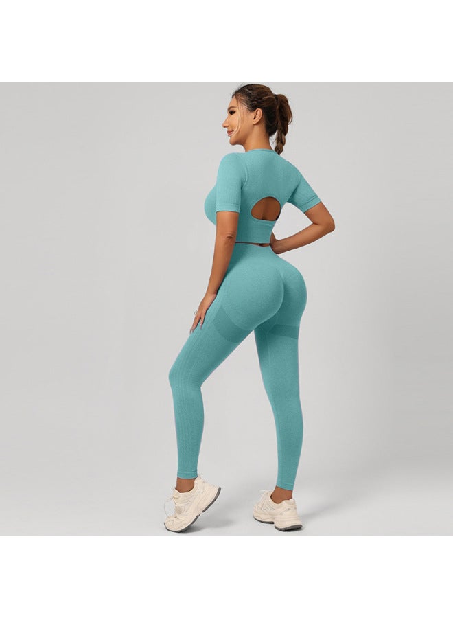 general Rose Red Women's Slim Fit Yoga Short Sleeve and Shorts Set Breathable Sports Fitness Outfit - Image 4