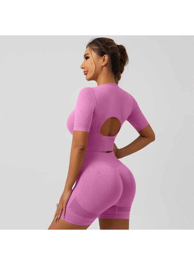 general Rose Red Women's Slim Fit Yoga Short Sleeve and Shorts Set Breathable Sports Fitness Outfit - Image 1