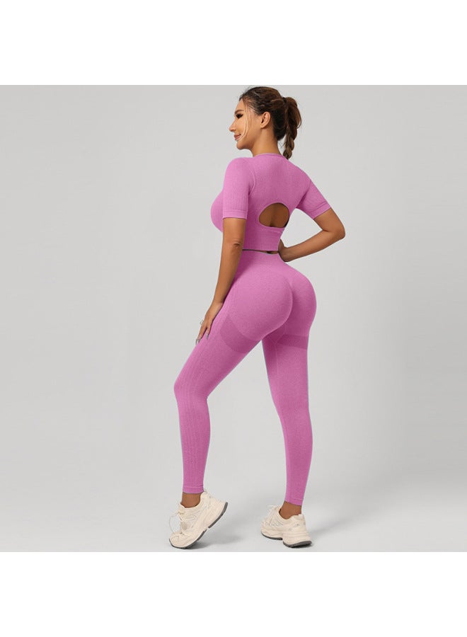 general Rose Red Women's Slim Fit Yoga Short Sleeve and Shorts Set Breathable Sports Fitness Outfit - Image 3