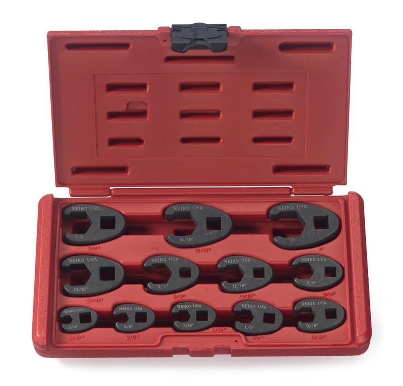 Neiko 03323A Crowfoot Wrench Set 1/2" and 3/8â€ Drive, 12 Piece, SAE Crows Foot Wrench Sizes 5/16â€ to 1â€, Chrome-Moly Flare Nut Wrench Set - Image 1