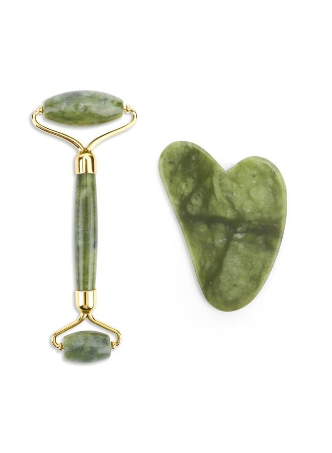 Dark Green Jade Roller & Gua Sha Facial Tools, Natural Anti-Aging Jade Beauty Skin-Care Tool - Image 1