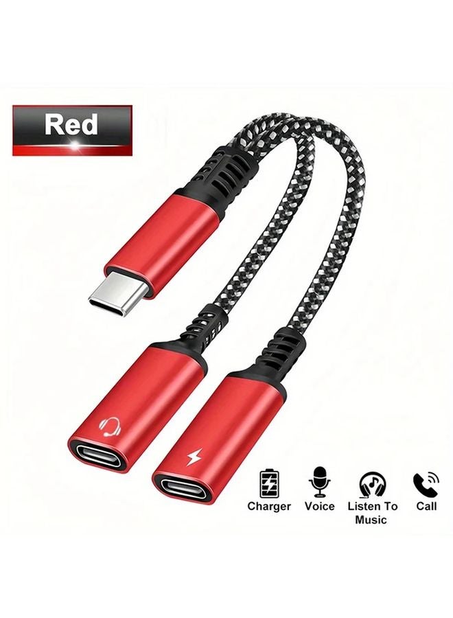 محول أحمر 2 في 1 من USB-C إلى مقسم سماعات مزدوج مع شحن سريع لآيفون 15 وسامسونج وهواوي وشاومي - Image 1
