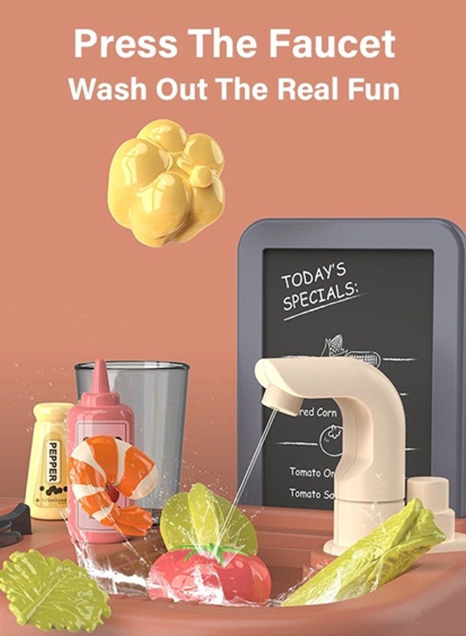 مجموعة ألعاب مطبخ تظاهري مكونة من 42 قطعة مع إضاءة واقعية وصوت ومحاكاة بخار ومخرج مياه وحوض رش ولعب ومجموعة طبخ مع فواكه وخضراوات وملحقات للأطفال - ألعاب مطبخ داخلي للطبخ - Image 2