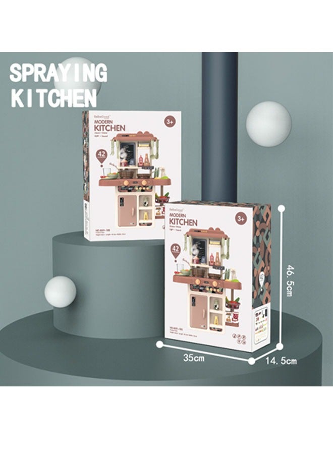 مجموعة ألعاب مطبخ تظاهري مكونة من 42 قطعة مع إضاءة واقعية وصوت ومحاكاة بخار ومخرج مياه وحوض رش ولعب ومجموعة طبخ مع فواكه وخضراوات وملحقات للأطفال - ألعاب مطبخ داخلي للطبخ - Image 4