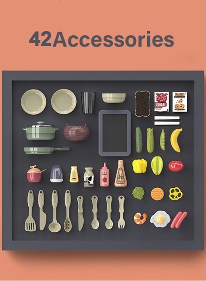 مجموعة ألعاب مطبخ تظاهري مكونة من 42 قطعة مع إضاءة واقعية وصوت ومحاكاة بخار ومخرج مياه وحوض رش ولعب ومجموعة طبخ مع فواكه وخضراوات وملحقات للأطفال - ألعاب مطبخ داخلي للطبخ - Image 3
