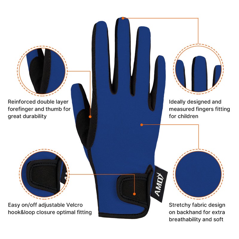 Amoy Horseback Riding Gloves for Kids Children Equestrian Gloves Child Youth Boys Girls Mittens Perfect for Biking Cycling Riding Running Outdoor Activities Royal Blue S Age 6-8 - Image 2