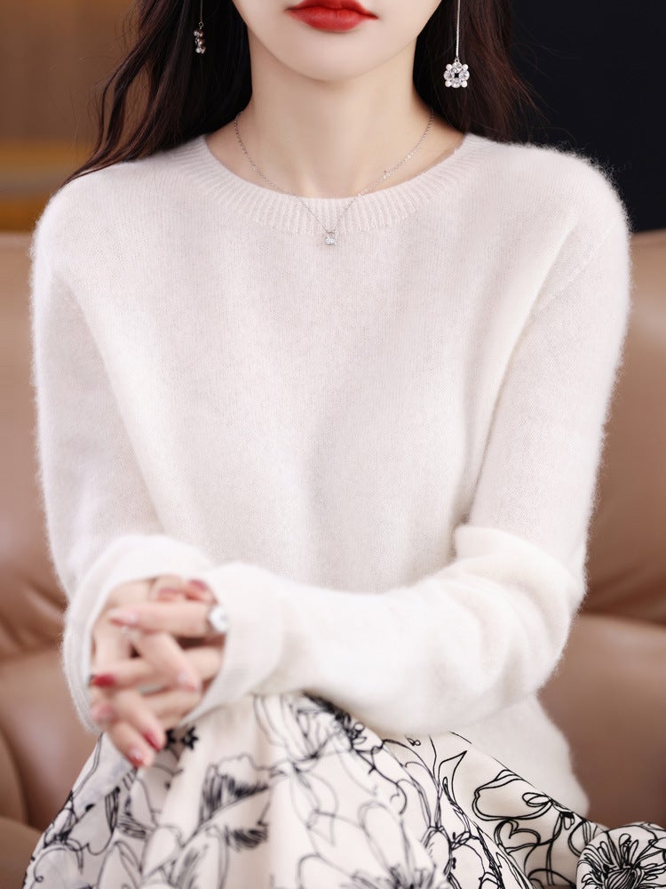 Woolen sweater womens solid color round neck 23 new long sleeve seamless knitted first-line garment wool sweater undershirt Warm White