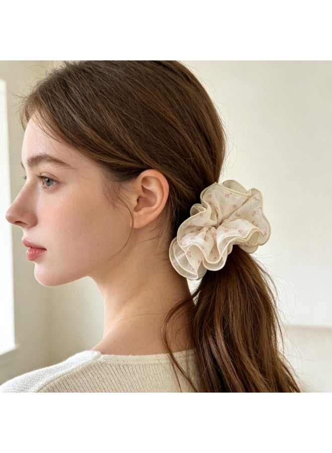 Oversized Ruffled Chiffon Floral Scrunchies for Hair, Pink Tiny Flower Design (2 Pack) - Image 2