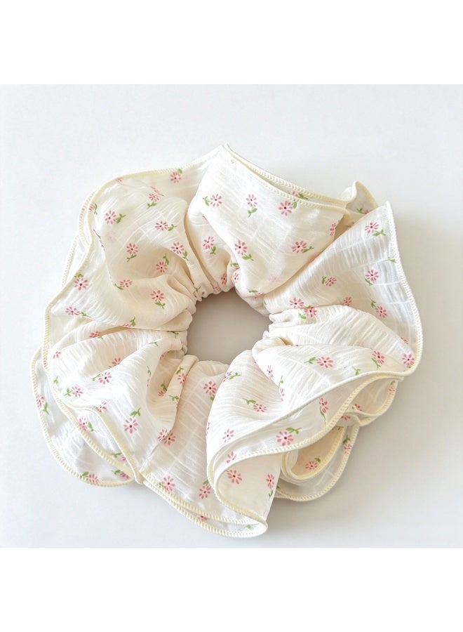 Oversized Ruffled Chiffon Floral Scrunchies for Hair, Pink Tiny Flower Design (2 Pack) - Image 1
