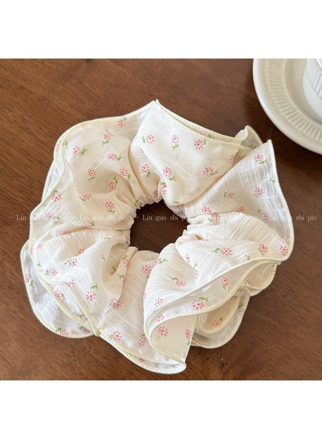 Oversized Ruffled Chiffon Floral Scrunchies for Hair, Pink Tiny Flower Design (2 Pack) - Image 3