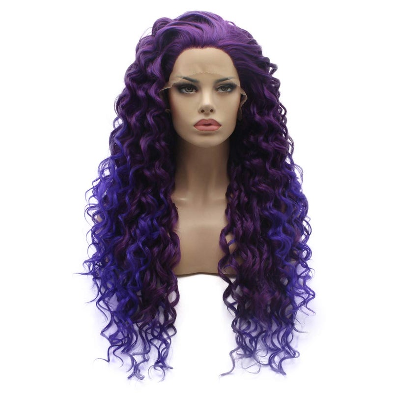 Lushy Lushy Long Curly Two Tone Ombre Purple Root Light Purple Wig Half Hand Tied Heat Friendly Synthetic Lace Front Wig 