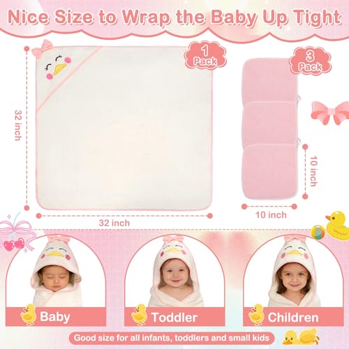 Flasoo 4 PCS Baby Towels Set, Soft Baby Towels and Washcloths Set, 1 Hooded Baby Towel and 3 Baby Washcloths for Newborns, Toddlers, and Kids, 32x32 Baby Towel with Hood for Boy and Girl (Pink Duck) - Image 3