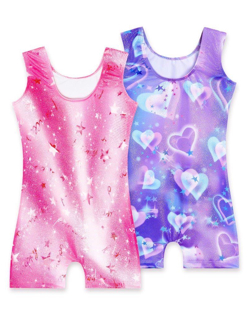Nokecina Girls Leotards for Gymnastics Size 5-6 Years Old 2 Pack Sparkle Practice Biketards Purple Unitard Pink Gym Leos - Image 2