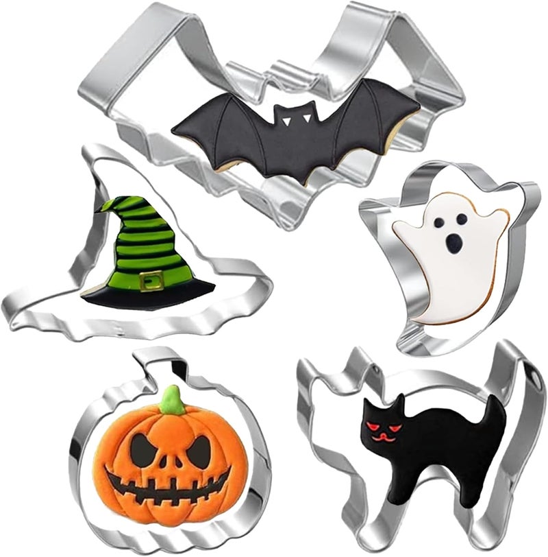 Maykito Halloween Cookie Cutters Set Large - Witch's Hat, Pumpkin, Ghost, Bat and Cat Cutter Stainless Steel - Image 1