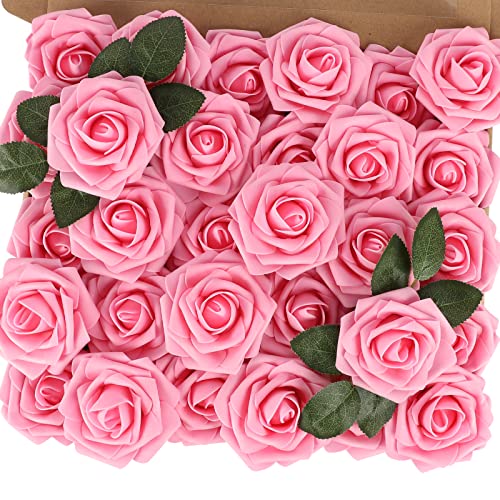 MACTING Artificial Flowers 30PCS Pink Fake Flowers with Stem Real Touch Soft Foam Roses Wedding Bouquet Table Centerpieces Party Bridal Shower Birthday Home Spring Summer Decor
