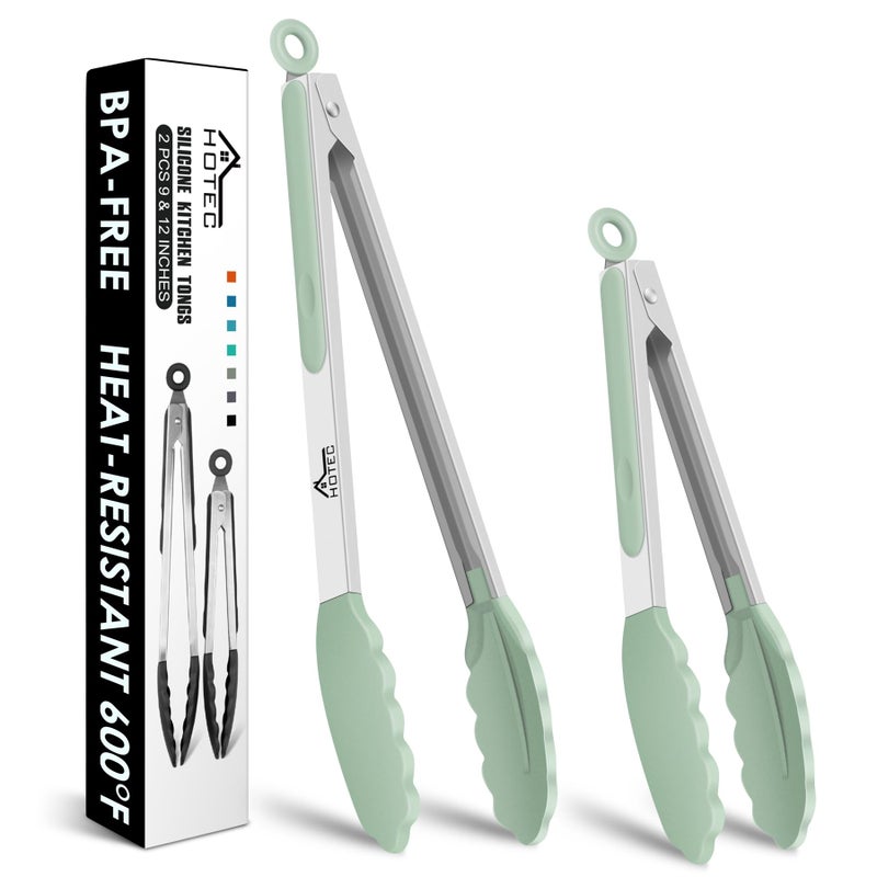 Hotec Premium Stainless Steel Locking Kitchen Tongs with Silicon Tips Set of 29 and 12 Light Green