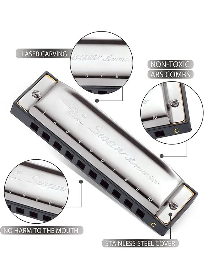 Swan 10 Hole C Blues Harmonica for Kids Adults, Beginner Diatonic Metal Blues Harp, Easy To Play Instrument, Mouth Organ in Case, Silver - Image 2