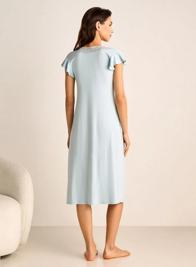 Splash FAV Lace Detail Night Dress with V-neck and Short Sleeves
