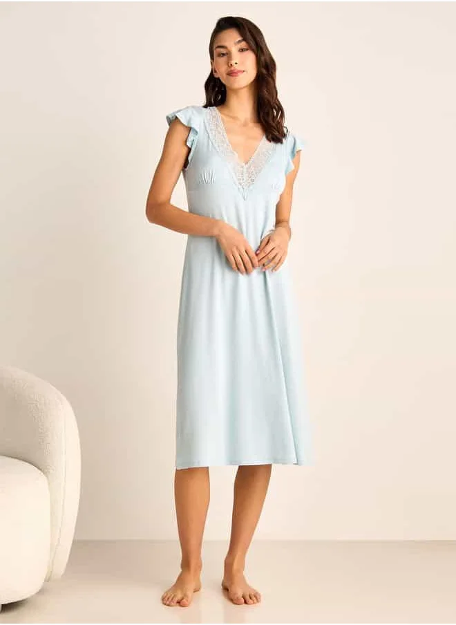 فاف Lace Detail Night Dress with V-neck and Short Sleeves