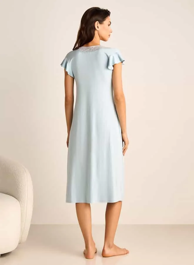 Splash FAV Lace Detail Night Dress with V-neck and Short Sleeves