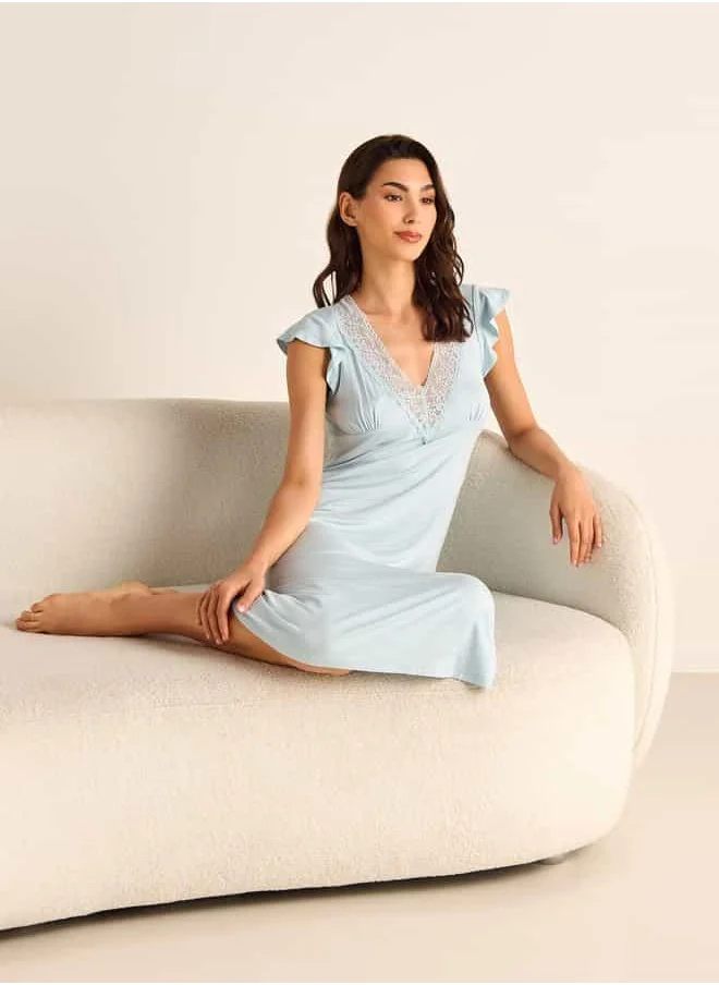 فاف Lace Detail Night Dress with V-neck and Short Sleeves