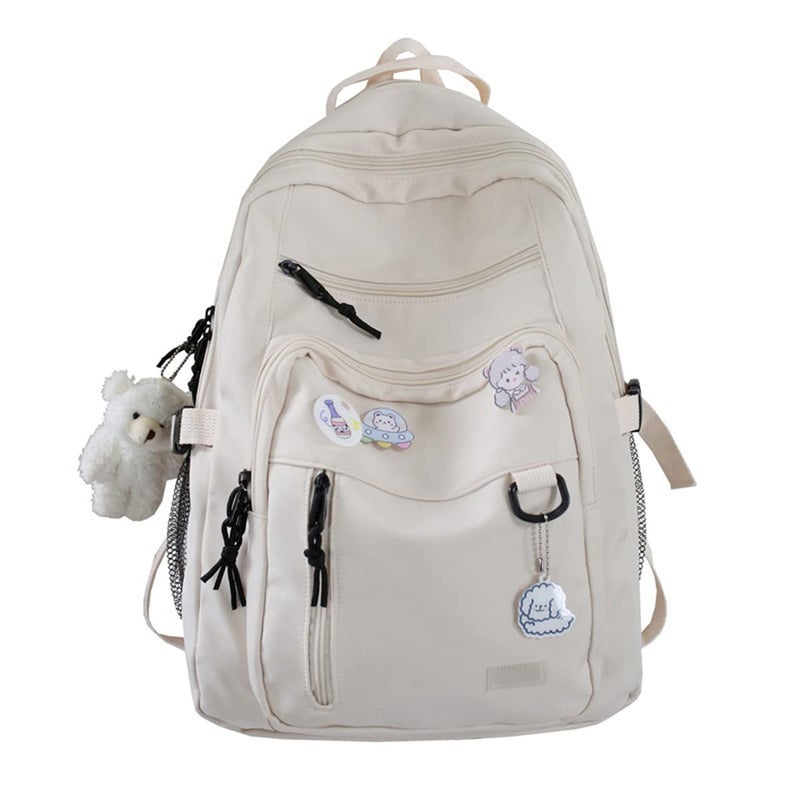 GAXOS Cute Aesthetic Backpack for School Middle Student Travel White Backpack Teens Girls Bear Pin Book Bags - Image 1