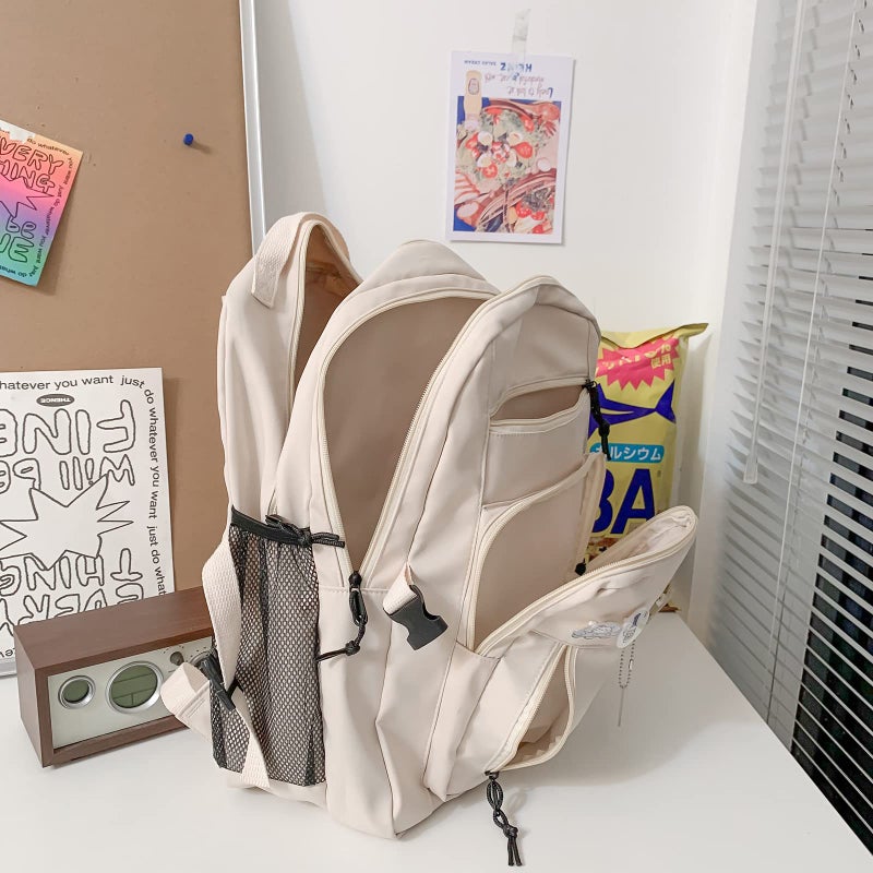 GAXOS Cute Aesthetic Backpack for School Middle Student Travel White Backpack Teens Girls Bear Pin Book Bags - Image 3