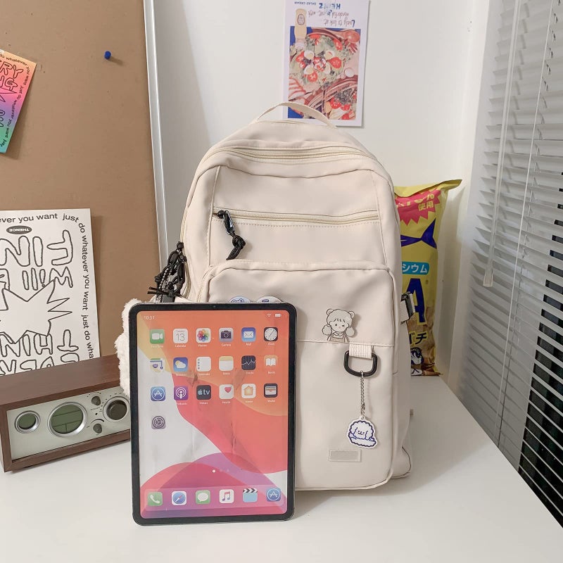 GAXOS Cute Aesthetic Backpack for School Middle Student Travel White Backpack Teens Girls Bear Pin Book Bags - Image 2